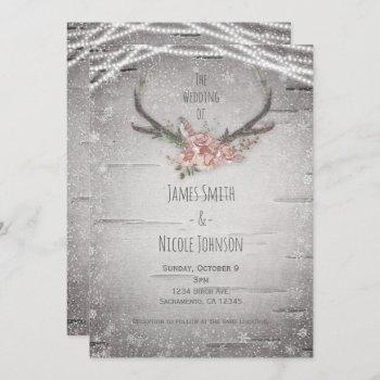rustic deer antlers & white birch winter wedding invitation