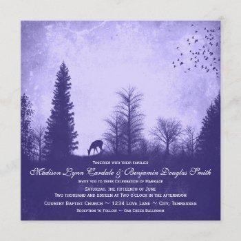rustic deer in trees purple wedding invitations