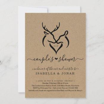 rustic doe & deer antlers heart couple's shower invitation
