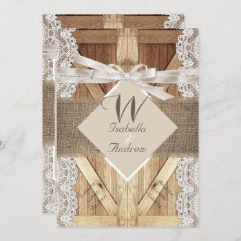 rustic door wedding beige white lace wood burlap 2 invitation
