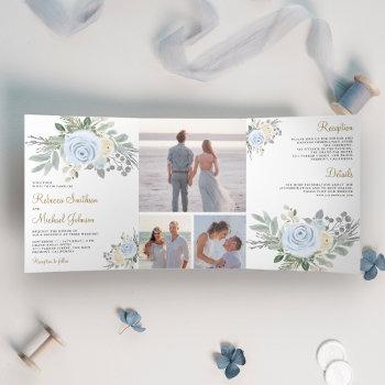rustic dusty blue and ivory floral wedding tri-fold invitation