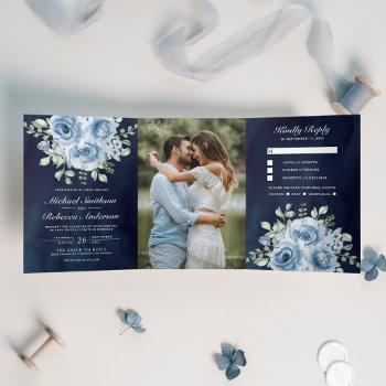 rustic dusty blue roses photo navy blue wedding tri-fold invitation