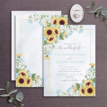 Small Rustic Dusty Blue Sunflower Floral Script Wedding Front View