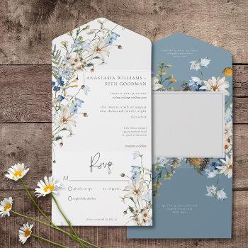 rustic dusty blue wildflowers & daisies no dinner all in one invitation
