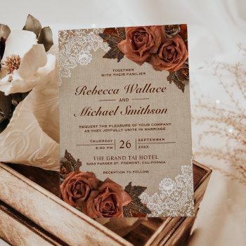 rustic earthy burlap dusty terracotta rose wedding invitation
