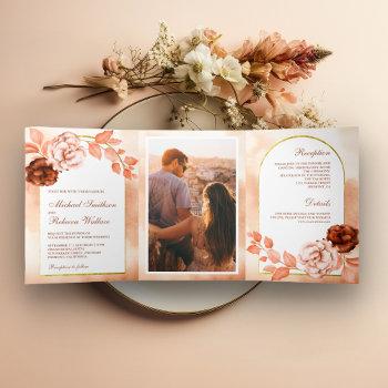 Small Rustic Earthy Watercolor Floral Terracotta Wedding Tri-fold Front View