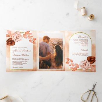 rustic earthy watercolor floral terracotta wedding tri-fold invitation