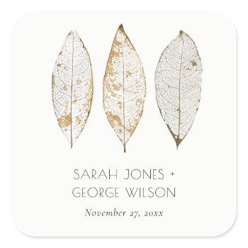 Small Rustic Elegant Dry Vein Gold Rust Leaves Wedding Square Sticker Front View