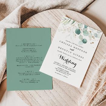 rustic eucalyptus gold floral front & back wedding invitation