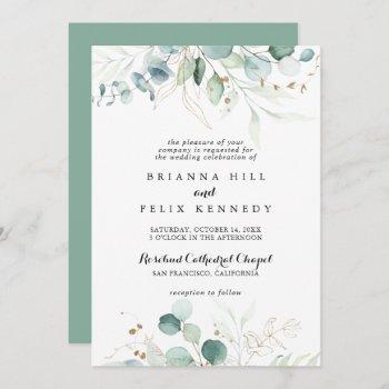 rustic eucalyptus gold floral traditional wedding invitation