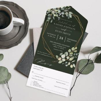 rustic eucalyptus & gold frame wedding - green all in one invitation