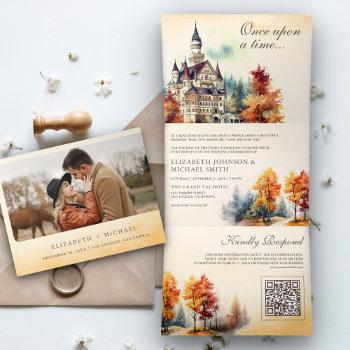 rustic fairytale castle qr code story book wedding tri-fold invitation