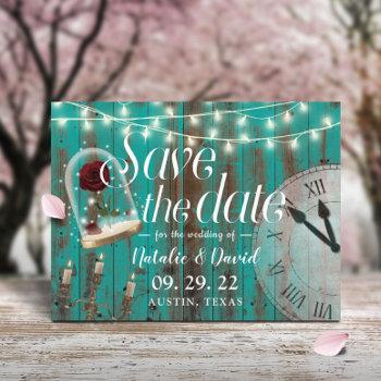 Small Rustic Fairytale Wedding Teal Barn Save The Date Announcement Post Front View