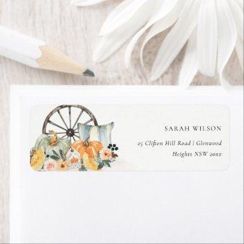 Small Rustic Fall Pumpkin Leafy Floral Wheel Address Label Front View