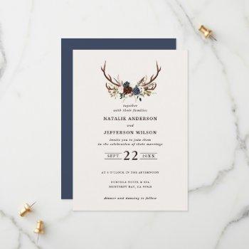 rustic floral and antlers wedding navy burgundy save the date