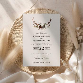 Small Rustic Floral And Stag Antlers Wedding Invite Front View