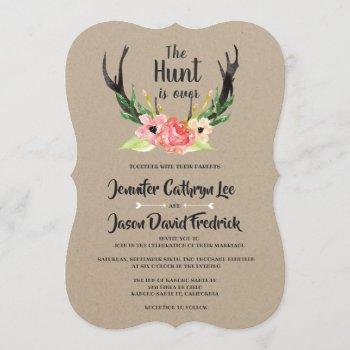 rustic floral antler hunt is over wedding invitation