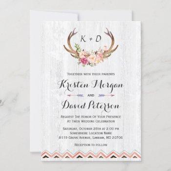 rustic floral antler white wood boho decor wedding invitation