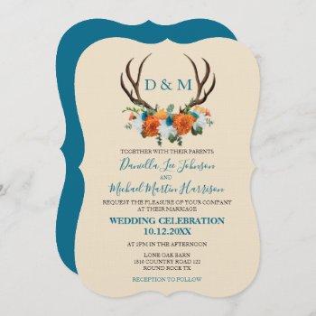 rustic floral antlers boho wedding invitation
