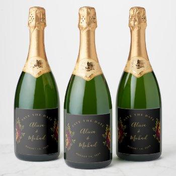 Small Rustic Floral Elegant Script Wedding Save Date Han Sparkling Wine Label Front View