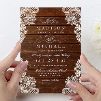 rustic floral lace wood modern wedding invitation