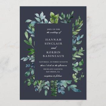 rustic forest foliage navy blue wedding invitation
