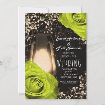 rustic glow lantern chartreuse roses wedding  invitation