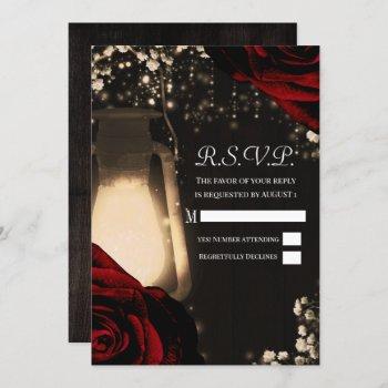 rustic glow lantern & dark red roses wedding rsvp  invitation