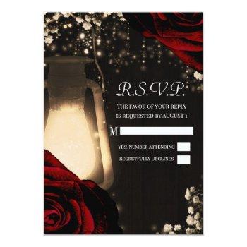Small Rustic Glow Lantern & Dark Red Roses Wedding Rsvp Front View