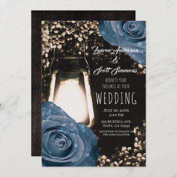 rustic glow lantern dusty blue roses wedding invitation