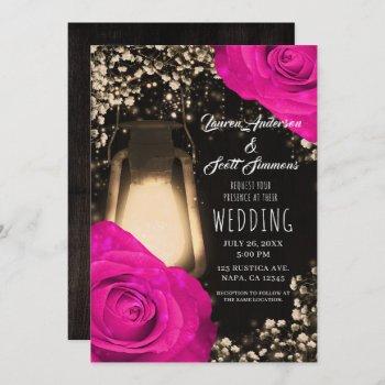 rustic glow lantern & fuchsia hot pink wedding invitation