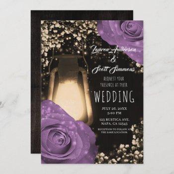 rustic glow lantern lilac purple roses wedding invitation