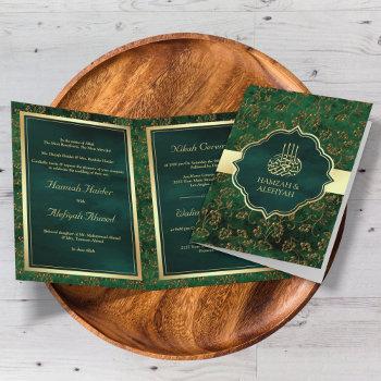 rustic gold emerald green filigree muslim wedding invitation