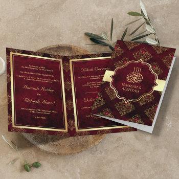 rustic gold maroon red damask muslim wedding invitation