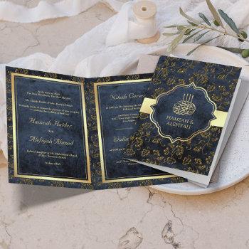 rustic gold navy blue filigree muslim wedding invitation
