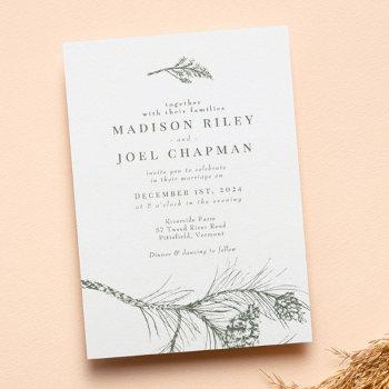 rustic green pine branch wedding invitation