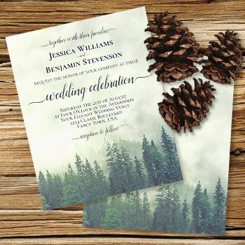 rustic green pine trees budget wedding invitation