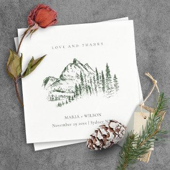 Small Rustic Green Pine Woods Mountain Sketch Wedding Napkins Front View