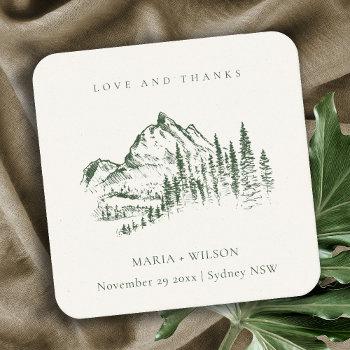 rustic green pine woods mountain sketch wedding square paper coaster