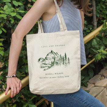 Small Rustic Green Pine Woods Mountain Sketch Wedding Tote Bag Front View