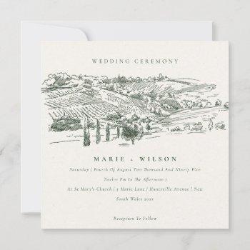 rustic green winery mountain sketch wedding invite