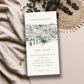 Small Rustic Green Winery Mountain Sketch Wedding Invite Front View
