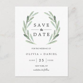 Small Rustic Green Wreath Simple Wedding Save The Date Announcement Post Front View