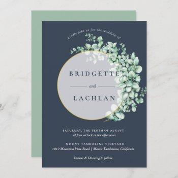 rustic greenery  and navy eucalyptus wedding invitation