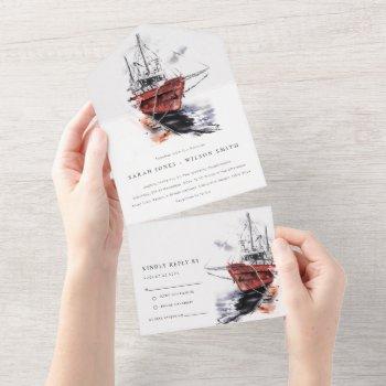 rustic harbor yacht sailboat watercolor wedding all in one invitation