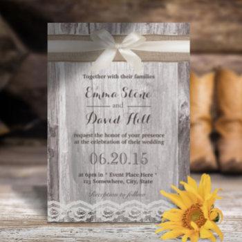 rustic ivory & burlap ribbon laced wood wedding invitation
