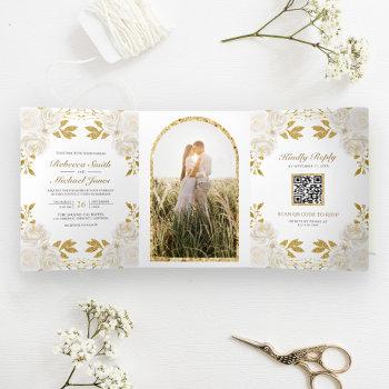 Small Rustic Ivory Floral Gold Glitter Qr Code Wedding Tri-fold Front View