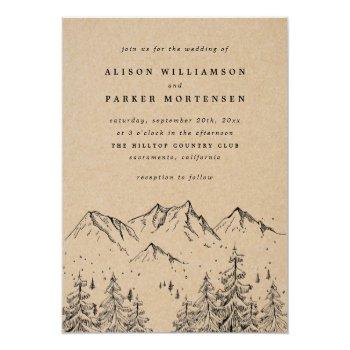 Small Rustic Kraft Hand-drawn Mountains & Trees Wedding  Post Front View