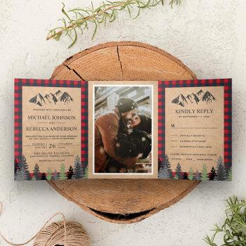 rustic kraft red buffalo plaid mountain wedding tri-fold invitation