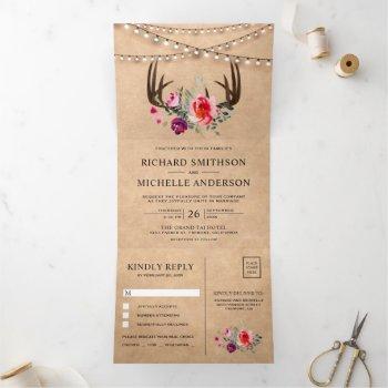 rustic kraft string lights floral antler wedding tri-fold invitation